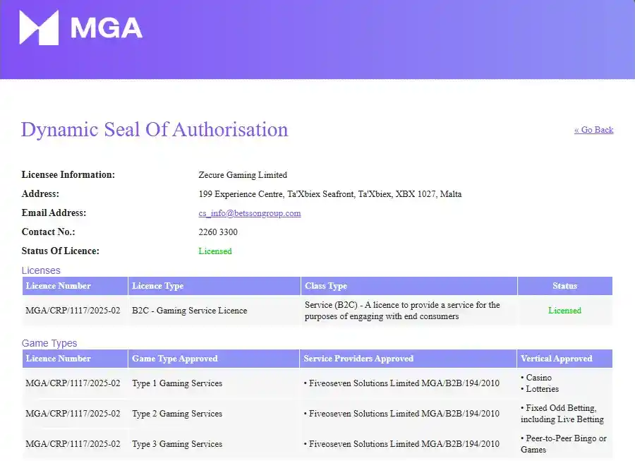 Zrzut rejestru Malta Gaming Authority dotyczący Zecure Gaming Limited