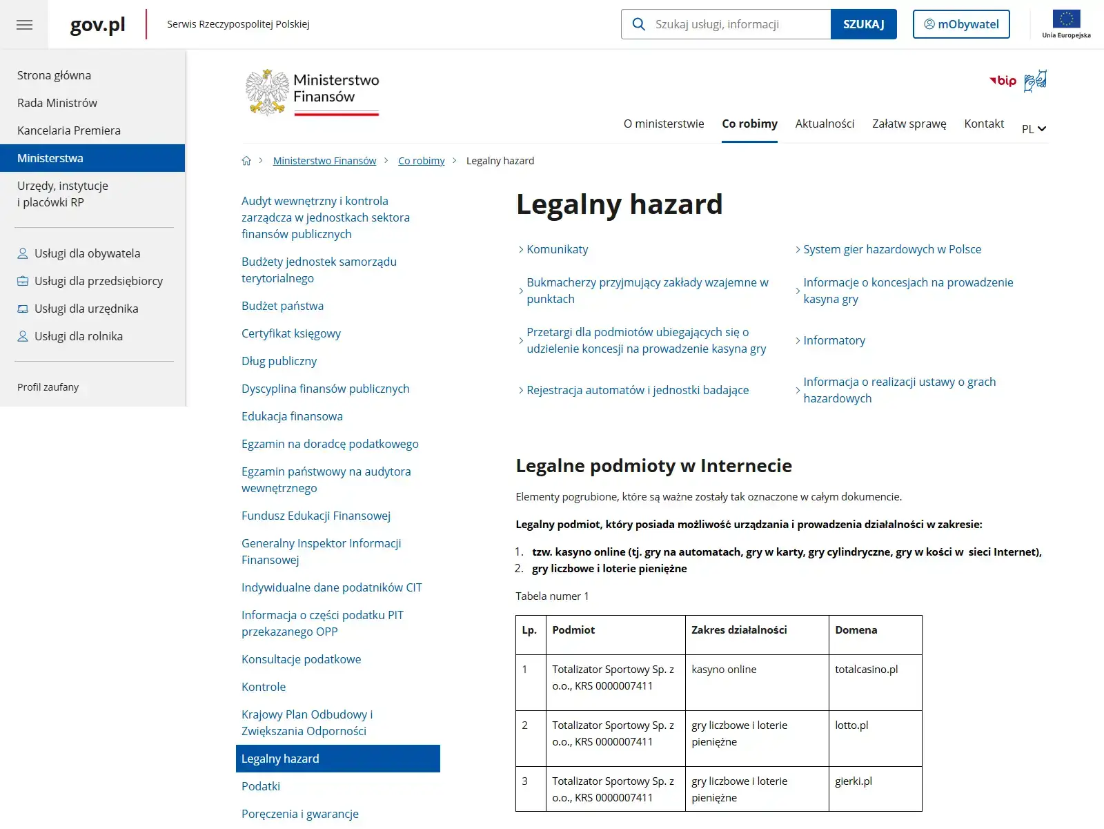 Zrzut oficjalnej strony Ministerstwa Finansów dotyczącej legalnego hazardu online